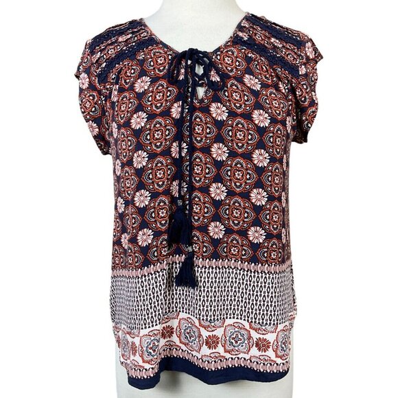Daniel Rainn Cap Sleeve Tassels Tie Neck Pullover Medallion Print Blouse Medium - Picture 1 of 9
